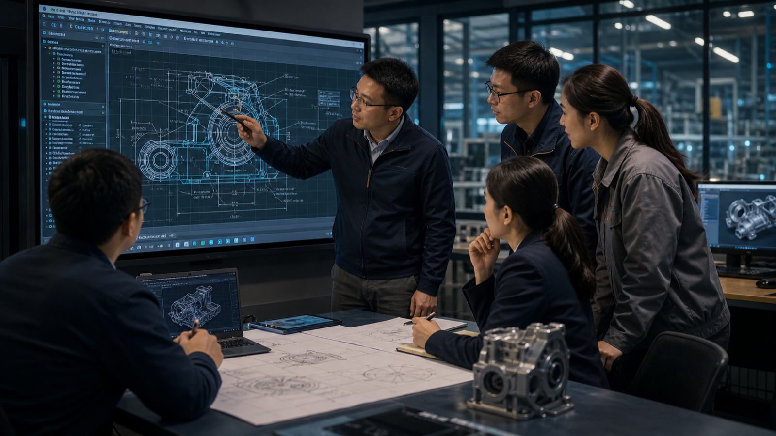 Forming AI 团队在制造研发现场听工程师讲解图纸